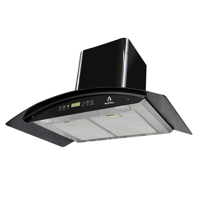 Campana extractora de pared 90cm SUPRA SKYFALL  con cristal curvo en color negro y control remoto