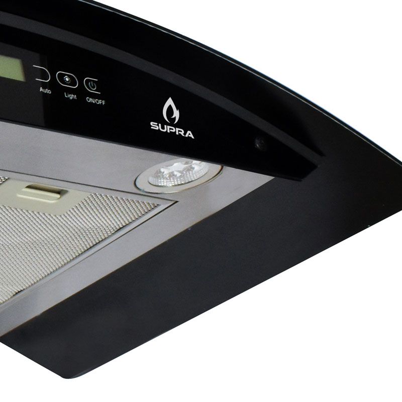 Campana extractora de pared 90cm SUPRA SKYFALL  con cristal curvo en color negro y control remoto