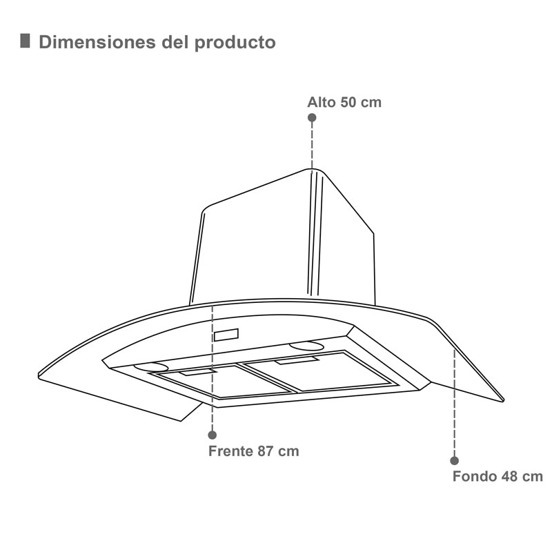 Campana extractora de pared 90cm SUPRA SKYFALL  con cristal curvo en color negro y control remoto