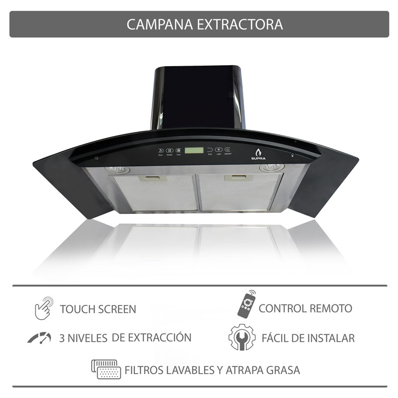 Campana extractora de pared 90cm SUPRA SKYFALL  con cristal curvo en color negro y control remoto