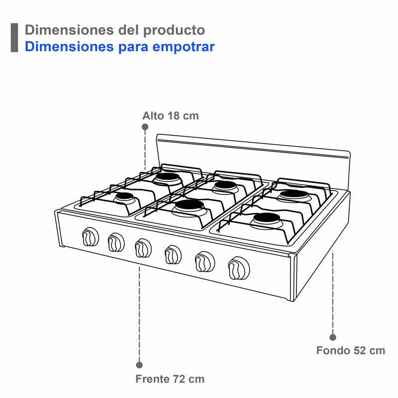 Parrilla de gas lp de sobreponer SUPRA TITAN 6Q-POP, parrilla con cubierta y cuerpo de acero 