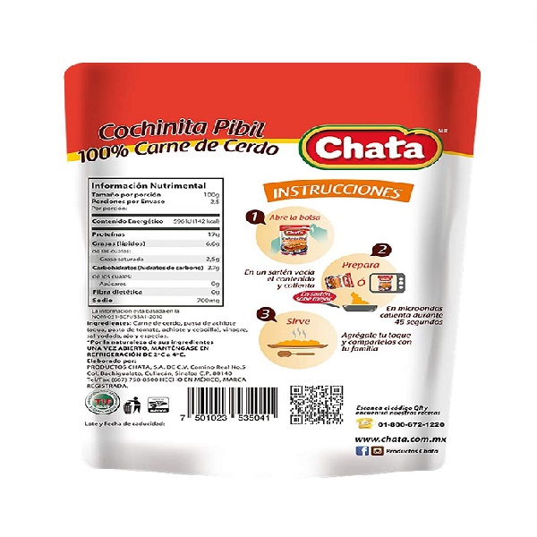 Cochinita Pibil Chata Delicioso Sabor Sin Conservadores Listo Para Comer 3 pack 250g c/u 100% Carne De Cerdo Sabor Casero