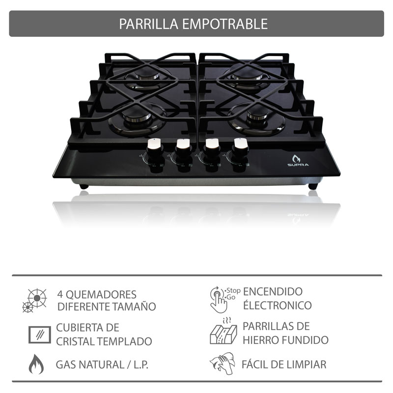 Parrilla de gas empotrable de 60cm con 4 quemadores SUPRA 4Q-TG-60 cubierta de cristal templado negro