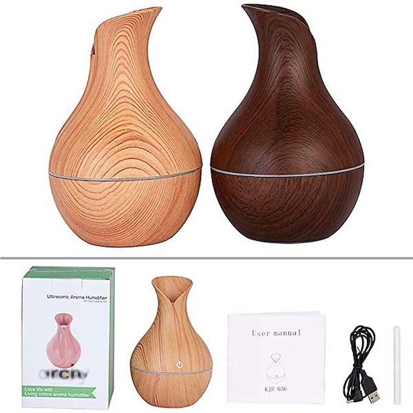 Difusor Humidificador de Aroma Ultrasónico, Acabado Tipo Madera, 130 ml con Luces LED (JSQ278) (Miel)