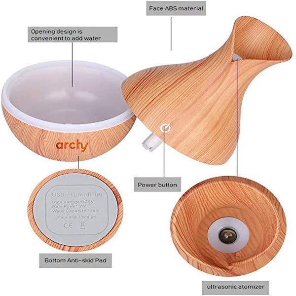 Difusor Humidificador de Aroma Ultrasónico, Acabado Tipo Madera, 130 ml con Luces LED (JSQ278) (Miel)