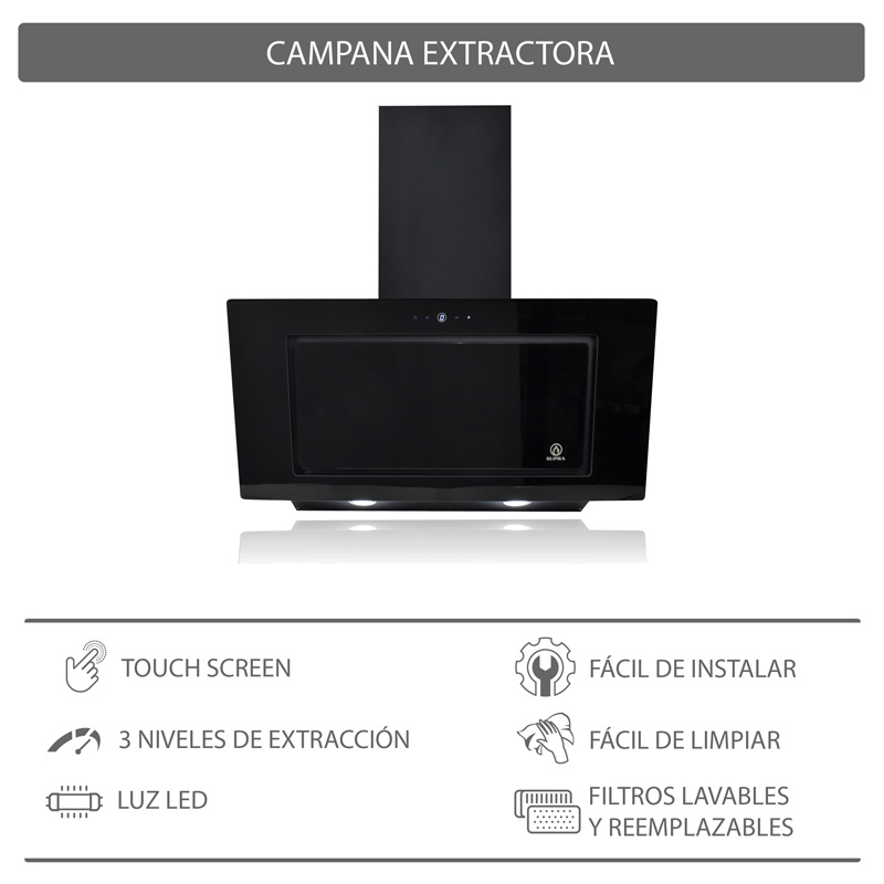 Campana extractora de cocina de 90cm SUPRA BARI con cristal templado en color negro