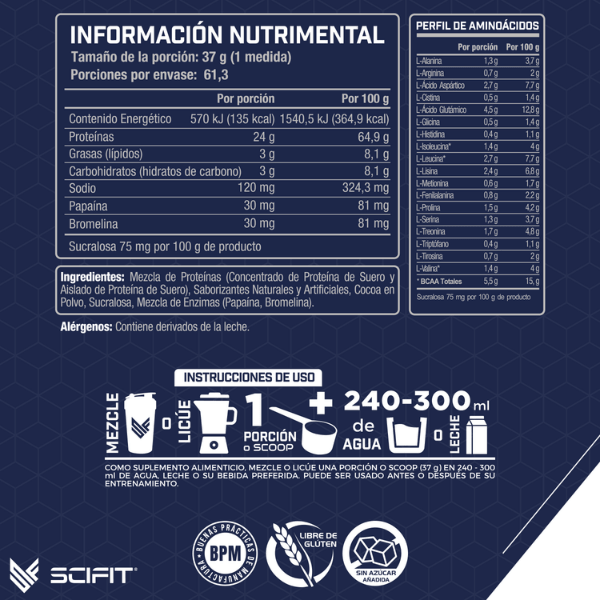 Proteína de suero de leche Baja en Carbohidratos 100% Whey SCIFIT 5 lb 61 servicios Sabor a Helado de chocolate suizo