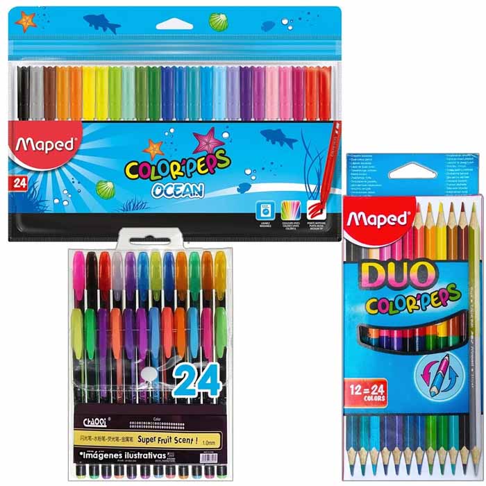 Regalo* Kit Dibujo 24 Colores Dual + Plumones Maped + Plumas D Gel