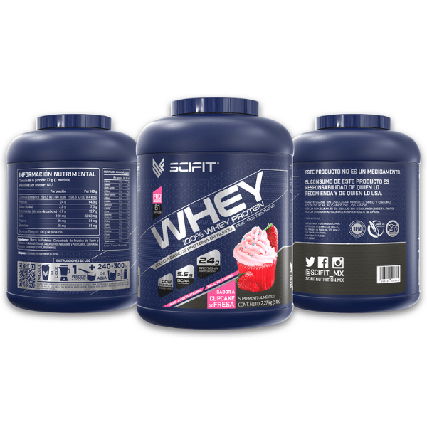 Proteína de suero de leche Baja en Carbohidratos 100% Whey SCIFIT 5 lb 61 servicios Sabor a Cupcake de Fresa
