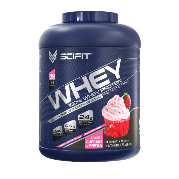 Proteína de suero de leche Baja en Carbohidratos 100% Whey SCIFIT 5 lb 61 servicios Sabor a Cupcake de Fresa