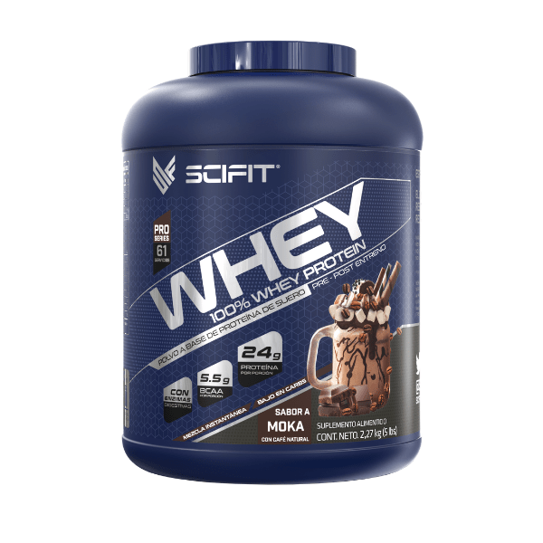 Proteína de suero de leche Baja en Carbohidratos 100% Whey SCIFIT 5 lb 61 servicios Sabor a Moka *con Café Natural*