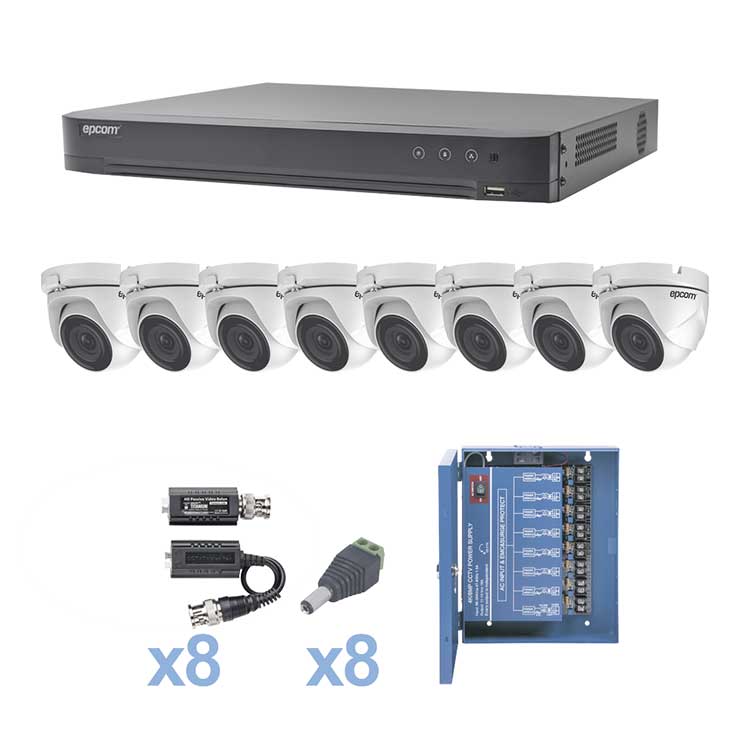 KIT TurboHD 1080p / DVR 8 Canales / 8 Cámaras Eyeball (exterior 2.8 mm) / Transceptores / Conectores / Fuente de Poder Profesional hasta 15 Vcd para Larga Distancia
