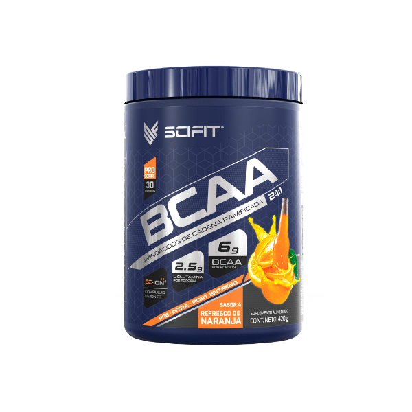 BCAA's + Glutamina Complejo SCI-ON® para Máxima Hidratación 8.5 g de Proteína x Servicio SCIFIT 420 g 30 Serv Sabor Refresco de Naranja