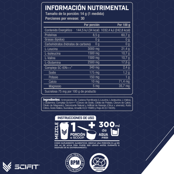 BCAA's + Glutamina Complejo SCI-ON® para Máxima Hidratación 8.5 g de Proteína x Servicio SCIFIT 420 g 30 Serv Sabor Refresco de Naranja