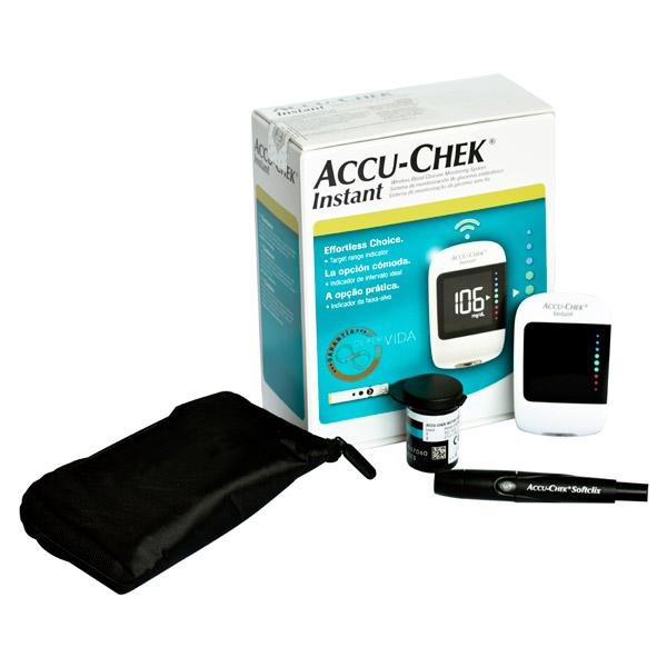 Glucometro Accu chek Instant Kit incluye tiras reactivas, dispositivo de puncion y lancetas para monitoreo de glucosa glucemia