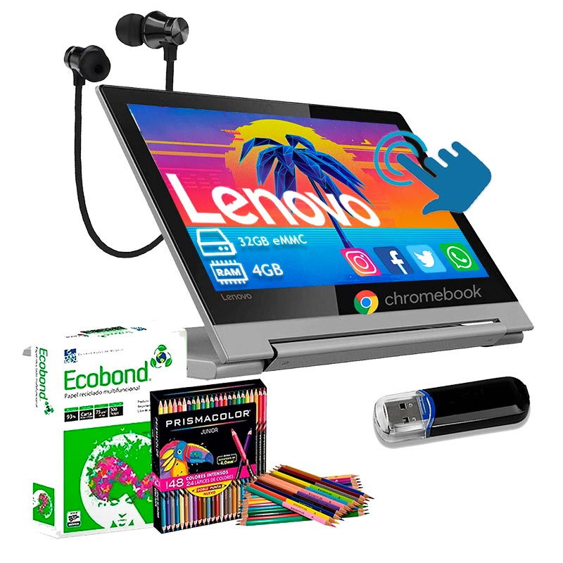 Laptop Lenovo Chtomebook Flex 3  32GB-4GB TOUCH + 500Hojas blancas +Colores + Usb 16GB + Audifonos
