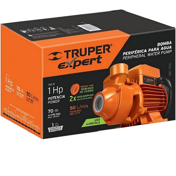 Bomba para Agua Eléctrica Periférica 1 Hp Truper Naranja max. Altura 70 m uso Agricola Casa BOAP-1