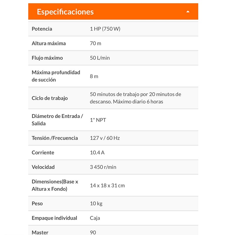 Bomba para Agua Eléctrica Periférica 1 Hp Truper Naranja max. Altura 70 m uso Agricola Casa BOAP-1