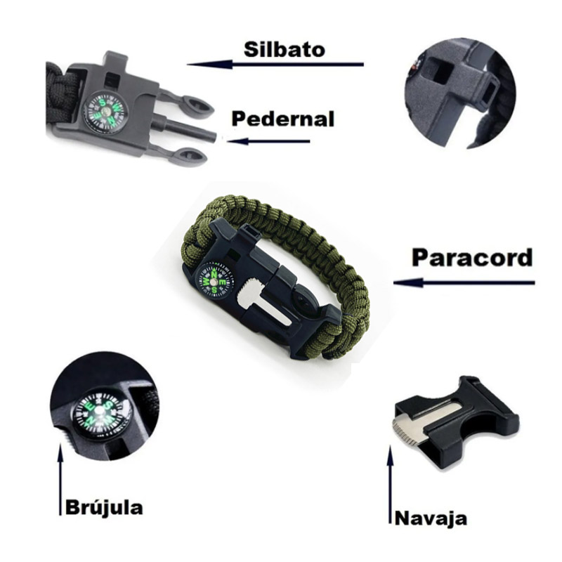 Pulsera Paracord Tactica Supervivencia Brújulas Navaja Camping Fuego Color Verde 