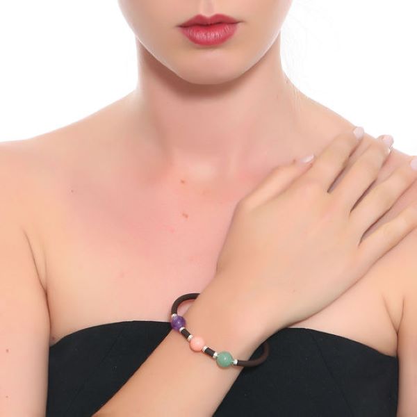 Pulsera Caucho Chocolate con Amatista Coral y Turquesa