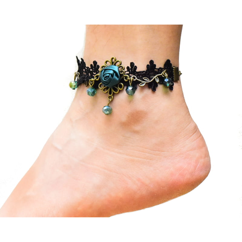 Pulsera Negra Con Flores Verdes Para Pie