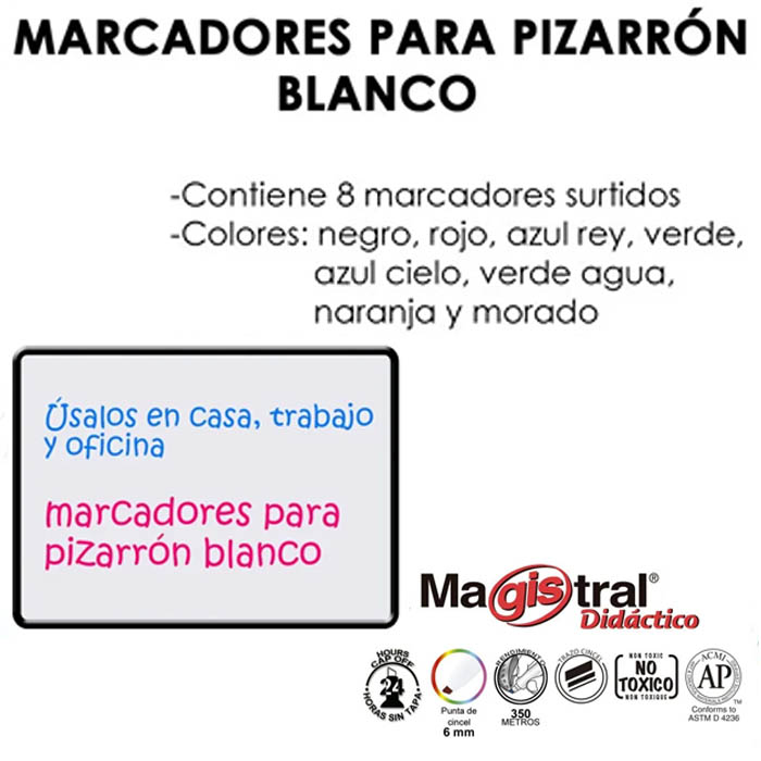 8 Marcadores Pizarron Blanco Magistral Didactico Delgados 