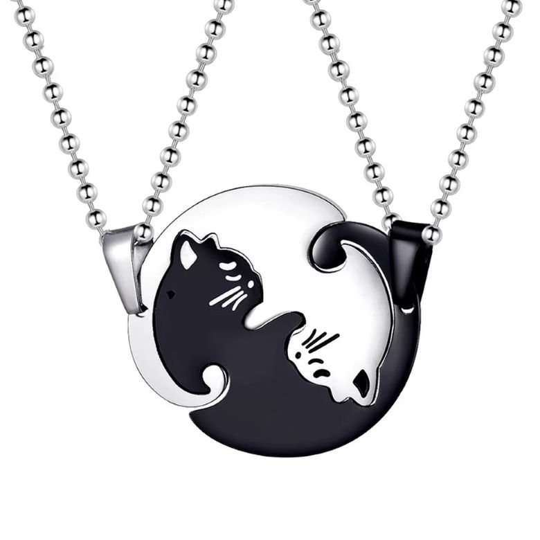 Collares Pareja Gatos Yin Yang Acero Inoxidable Negro Plateado