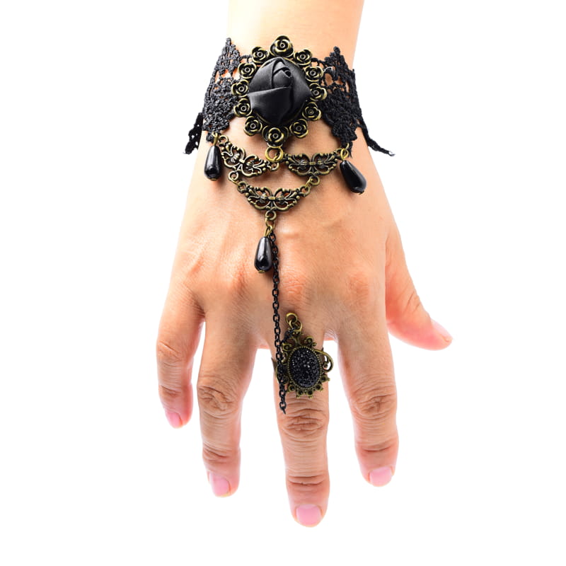 Pulsera Retro Gotica con anillo ajustable Rosa Negra