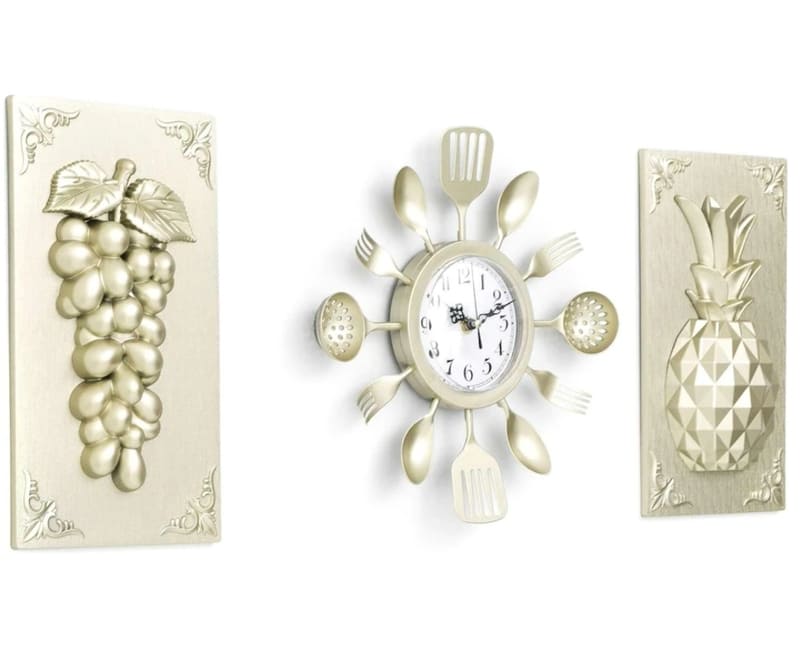 Reloj De Pared Diseño Cubiertos Cocina + 2 Cuadros Decorativos Frutas