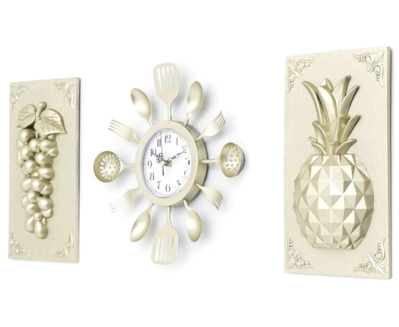 Reloj De Pared Diseño Cubiertos Cocina + 2 Cuadros Decorativos Frutas