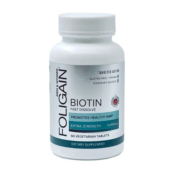 FOLIGAIN BIOTINA Para Engrosamiento del cabello 10,000mcg Rápida disolución (sabor a cereza) 60 Comprimidos Vegetarianas
