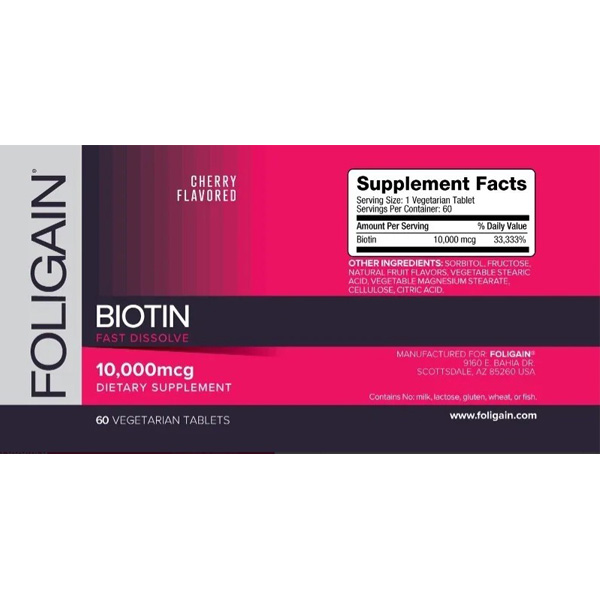 FOLIGAIN BIOTINA Para Engrosamiento del cabello 10,000mcg Rápida disolución (sabor a cereza) 60 Comprimidos Vegetarianas