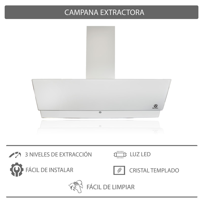 Campana extractora de pared SUPRA CP-90-WHITE campana de cocina cuerpo de  cristal templado blanco