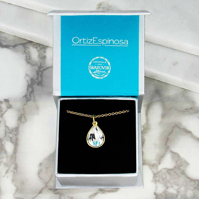 Collar para Mujer con Cristal Fino Europeo en forma de Gota- Bañado en Rodio- Collar Elegante y Brillante-Collares de Mujer de Moda- Joyería para Mujer de Moda- Regalo especial