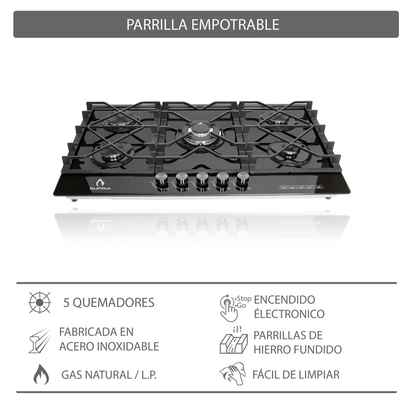 Parrilla de gas empotrable de 87cm SUPRA 5Q-TG-87 con 5 quemadores y cubierta de cristal templado negro