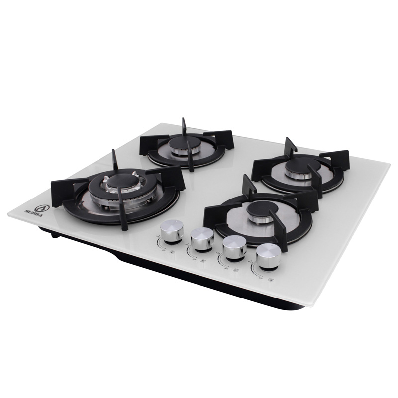 Parrilla de gas empotrable de 4 quemadores SUPRA, 4Q-EC-B parrilla a gas de 60cm con cubierta de cristal templado blanco