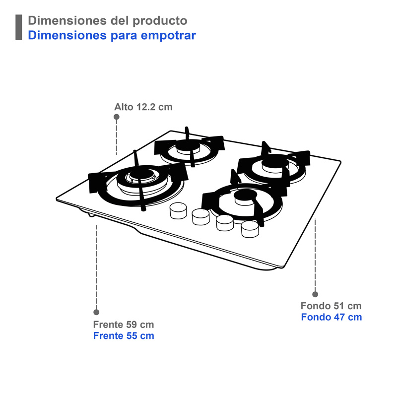 Parrilla de gas empotrable de 4 quemadores SUPRA, 4Q-EC-B parrilla a gas de 60cm con cubierta de cristal templado blanco