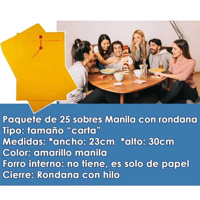 Paquete Con 25 Sobres Amarillo Manila Rondana Tamaño Carta