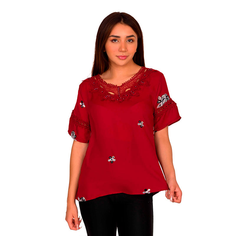 Blusa Moda Mujer Manga Corta Detalle Bordado Flores V-8811