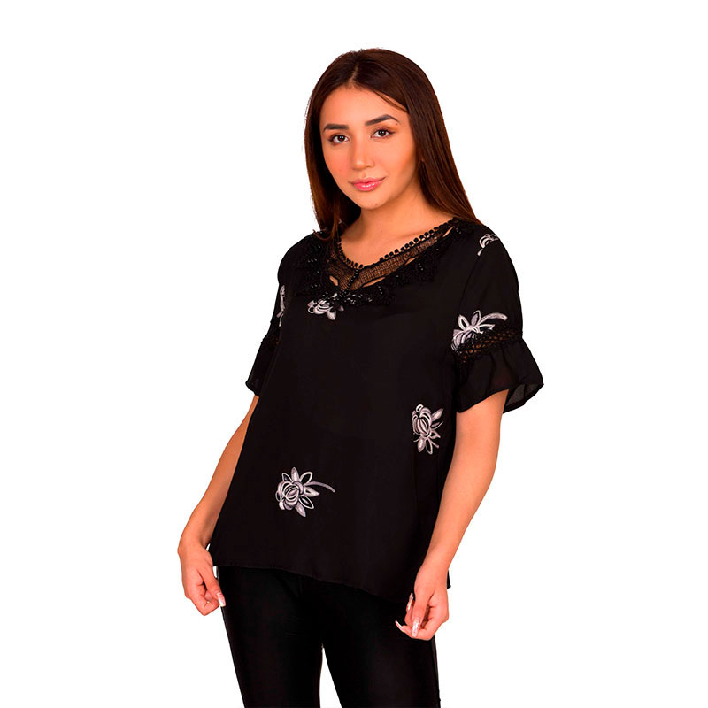 Blusa Moda Mujer Manga Corta Detalle Bordado Flores V-8811