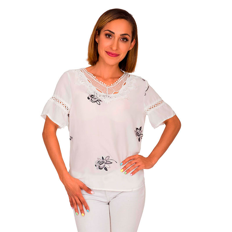 Blusa Moda Mujer Manga Corta Detalle Bordado Flores V-8811