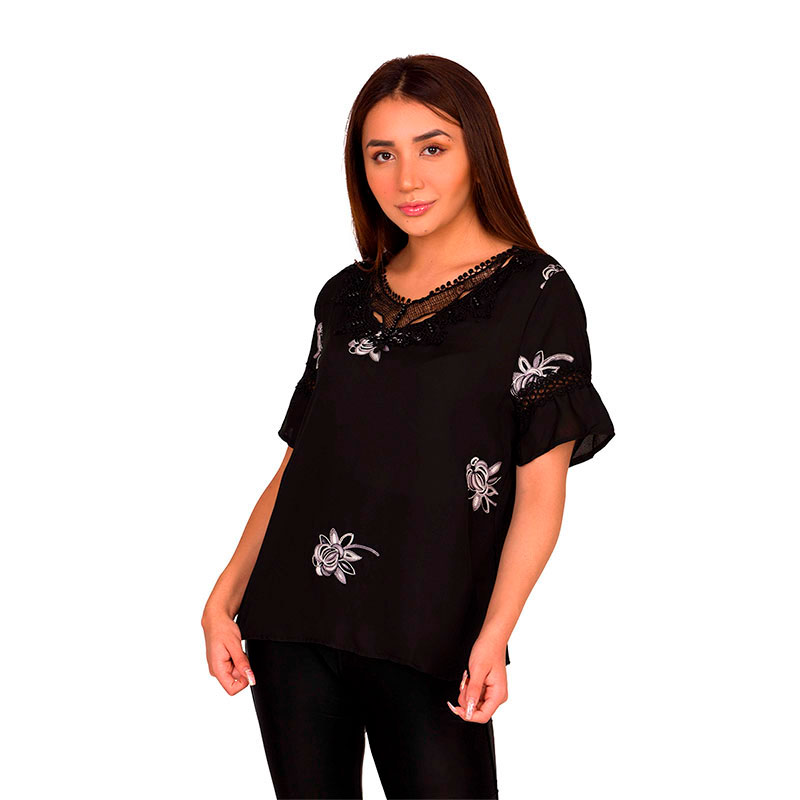 Blusa Moda Mujer Manga Corta Detalle Bordado Flores V-8811