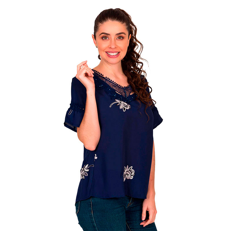 Blusa Moda Mujer Manga Corta Detalle Bordado Flores V-8811