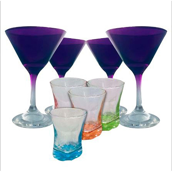 Set de 4 copas fantasy Vidrio pintado en color morado + 4 Vasos tequileros atomizados Para Shot