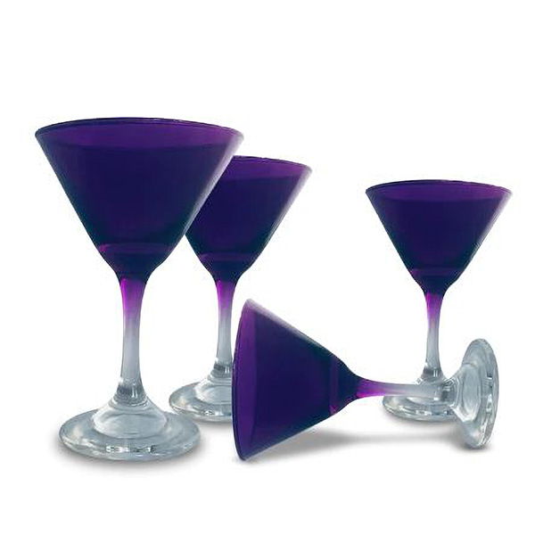 Set de 4 copas fantasy Vidrio pintado en color morado + 4 Vasos tequileros atomizados Para Shot