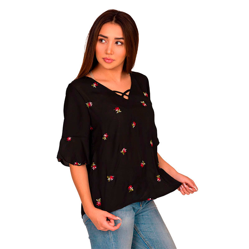 Blusa Moda Mujer Bordado Flores Cuello V Manga Corta V-8815