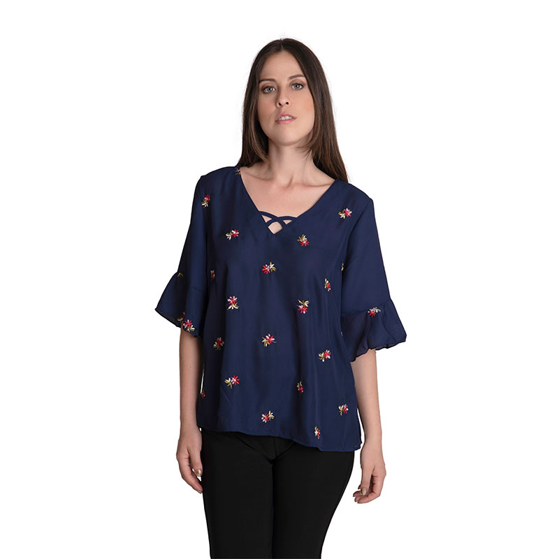 Blusa Moda Mujer Bordado Flores Cuello V Manga Corta V-8815
