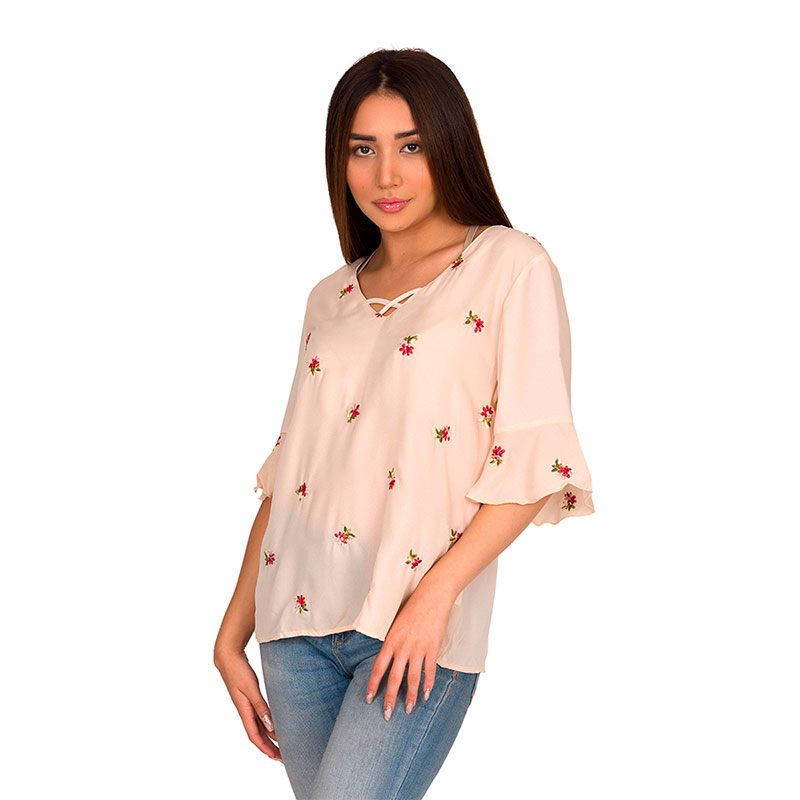 Blusa Moda Mujer Bordado Flores Cuello V Manga Corta V-8815