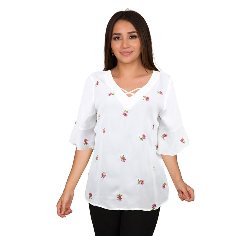 Blusa Moda Mujer Bordado Flores Cuello V Manga Corta V-8815