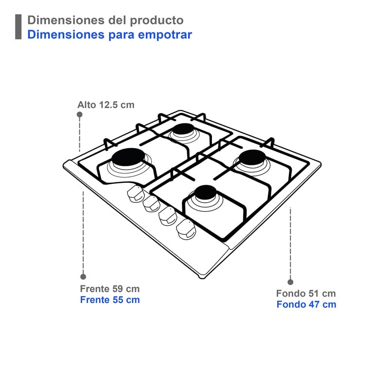 Parrilla para gas lp SUPRA NOVA STEEL parrilla empotrable con cubierta y cuerpo de acero inoxidable de 4 quemadores